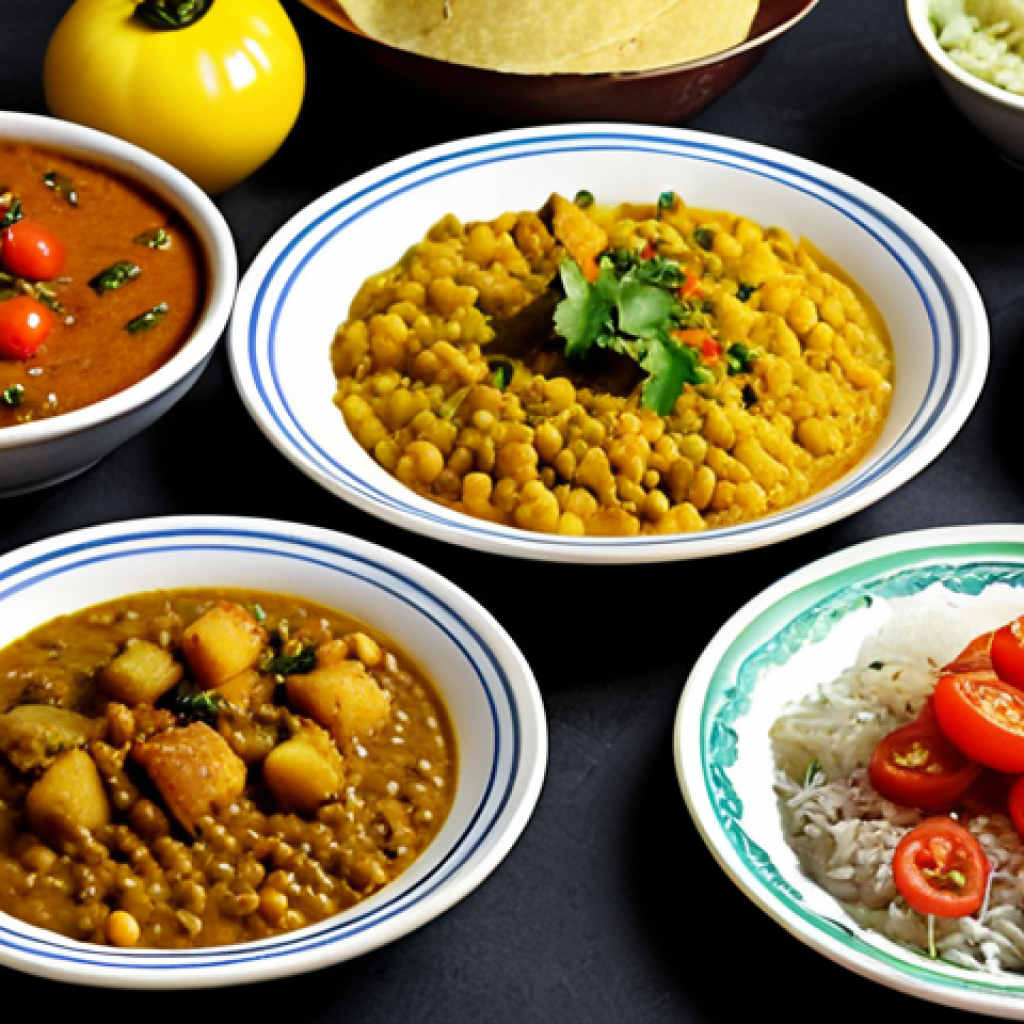 ** A vibrant and colorful spread of Bengali dishes featuring potatoes, lentils, onions, and tomatoes. Include dishes like "Alu Chop," "Dal দিয়ে Sobji'r Chorchori," "Peyaj দিয়ে Dimer Curry," and "Tomato'r Chatni." The setting should be a warm, inviting Bengali kitchen.

**