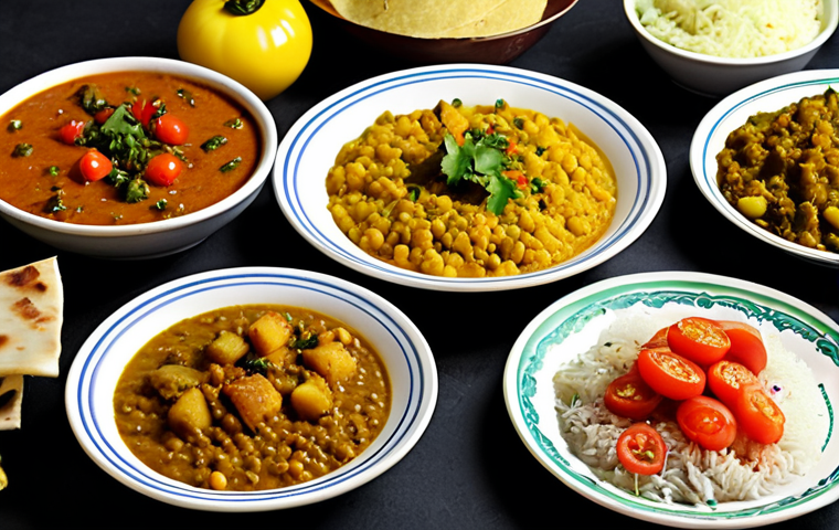 ** A vibrant and colorful spread of Bengali dishes featuring potatoes, lentils, onions, and tomatoes. Include dishes like "Alu Chop," "Dal দিয়ে Sobji'r Chorchori," "Peyaj দিয়ে Dimer Curry," and "Tomato'r Chatni." The setting should be a warm, inviting Bengali kitchen.
**