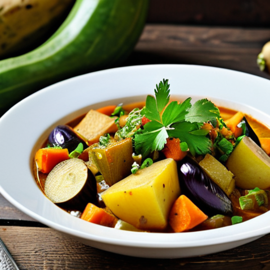 **

"A bowl of vegetable stew, featuring potatoes, papaya, eggplant, and pointed gourd, garnished with coriander leaves, presented on a rustic wooden table, safe for work, appropriate content, fully clothed, modest, family-friendly, professional food photography, perfect anatomy (of the vegetables), correct proportions, natural lighting, high quality."

**