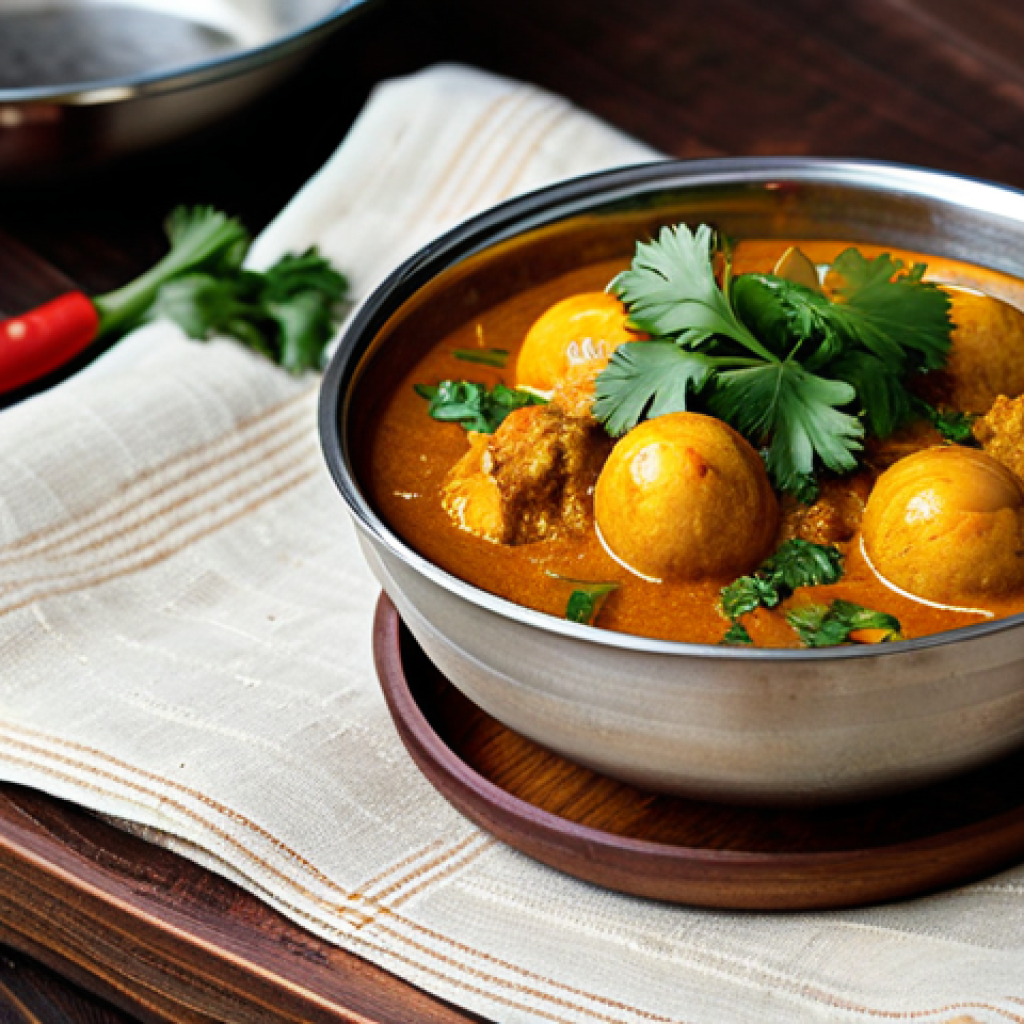 Egg Curry**

"A bowl of delicious egg curry, garnished with fresh cilantro, sitting on a wooden table. The curry is rich and flavorful, with visible spices and herbs. Background shows a cozy kitchen setting with traditional Bengali cooking utensils. safe for work, appropriate content, fully clothed, professional food photography, high quality, perfect anatomy, natural proportions, modest presentation."

**
