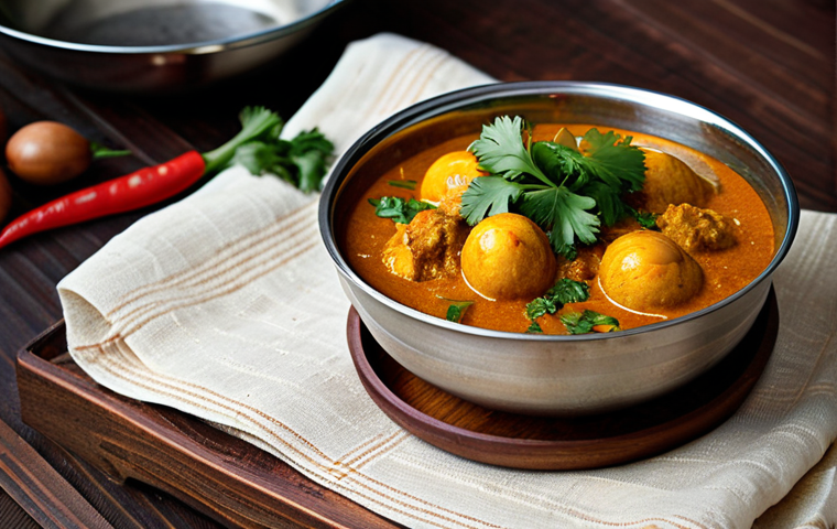 Egg Curry**

"A bowl of delicious egg curry, garnished with fresh cilantro, sitting on a wooden table. The curry is rich and flavorful, with visible spices and herbs. Background shows a cozy kitchen setting with traditional Bengali cooking utensils. safe for work, appropriate content, fully clothed, professional food photography, high quality, perfect anatomy, natural proportions, modest presentation."

**