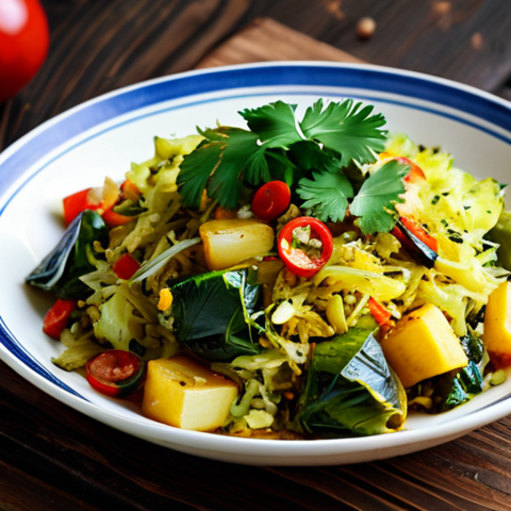 식재료 활용  요리의 즐거움 발견하기 - **Prompt:** A vibrant plate of "Badhakopi Ghonto" (cabbage stir-fry), garnished with fresh cilantro,...