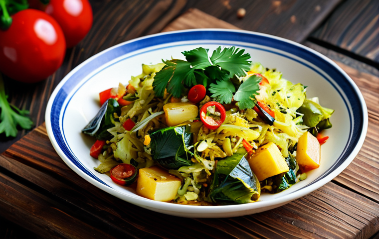 식재료 활용  요리의 즐거움 발견하기 - **Prompt:** A vibrant plate of "Badhakopi Ghonto" (cabbage stir-fry), garnished with fresh cilantro,...