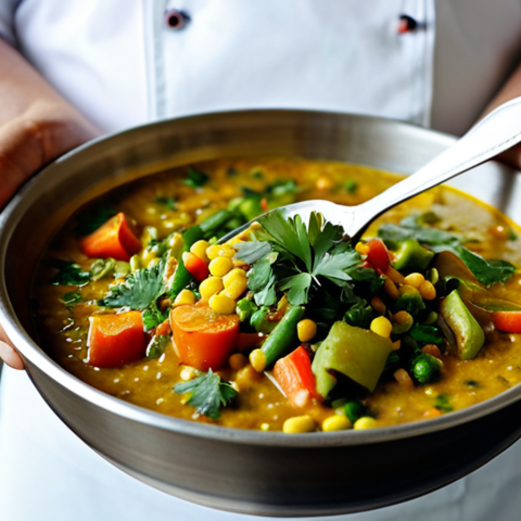 식재료 활용을 통한 색다른 요리 도전 - **Prompt:** A colorful and appetizing bowl of dal and mixed vegetables, fully clothed chef garnishin...