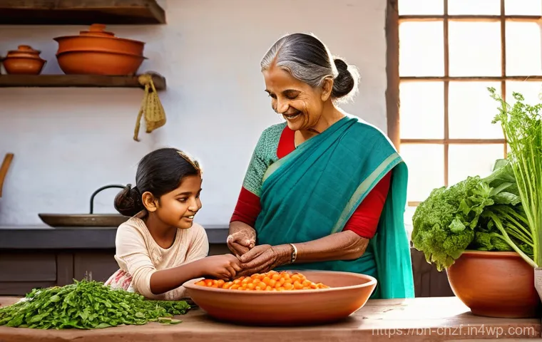 식재료 활용과 건강한 식습관의 관계 - **Prompt:** A serene and vibrant scene depicting a multi-generational Bengali family, specifically a...