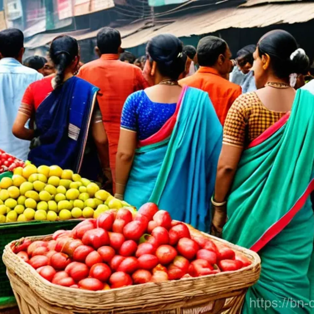식재료 활용 아이디어  계절별 요리 - **Prompt:** A vibrant and bustling scene at a traditional Bengali local market. Stalls are overflowi...