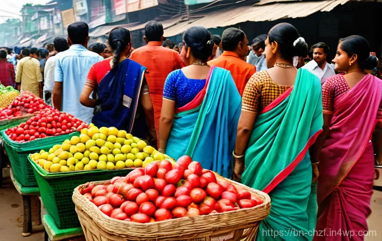 식재료 활용 아이디어  계절별 요리 - **Prompt:** A vibrant and bustling scene at a traditional Bengali local market. Stalls are overflowi...