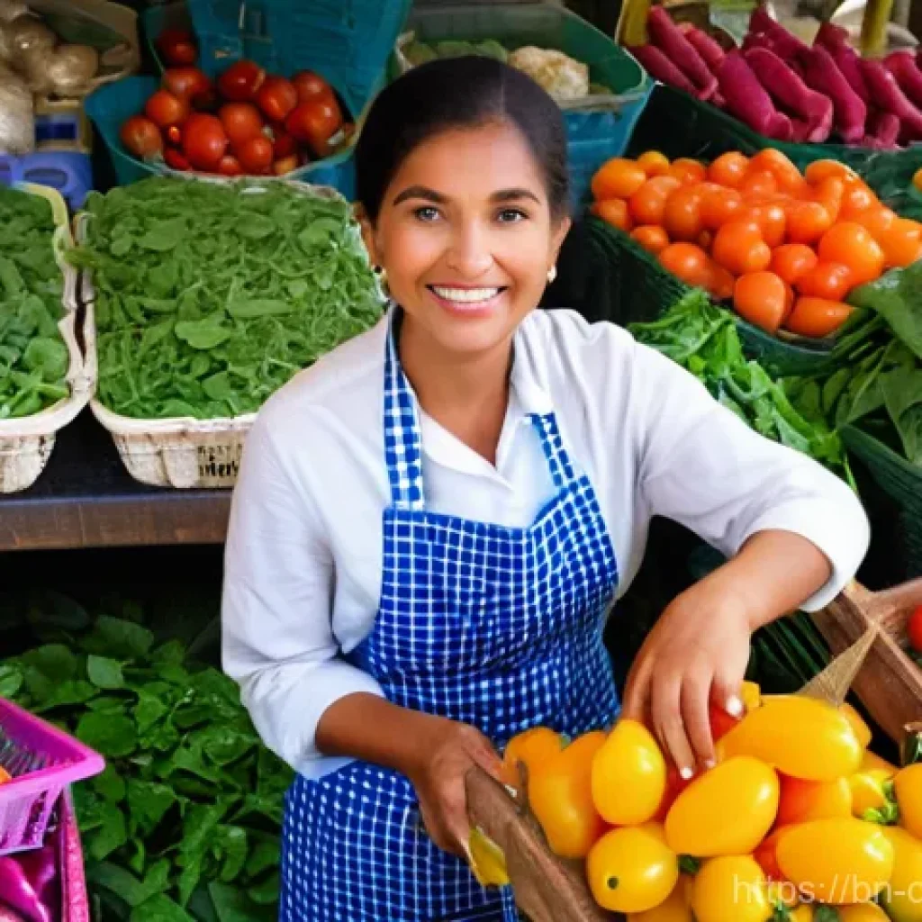 식재료 활용  고급 레스토랑 요리 재현하기 - **Prompt: Vibrant Market Freshness**
    A bright, high-definition, photorealistic image of a bustli...