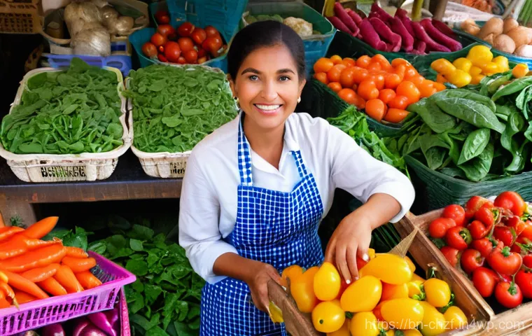 식재료 활용  고급 레스토랑 요리 재현하기 - **Prompt: Vibrant Market Freshness**
    A bright, high-definition, photorealistic image of a bustli...