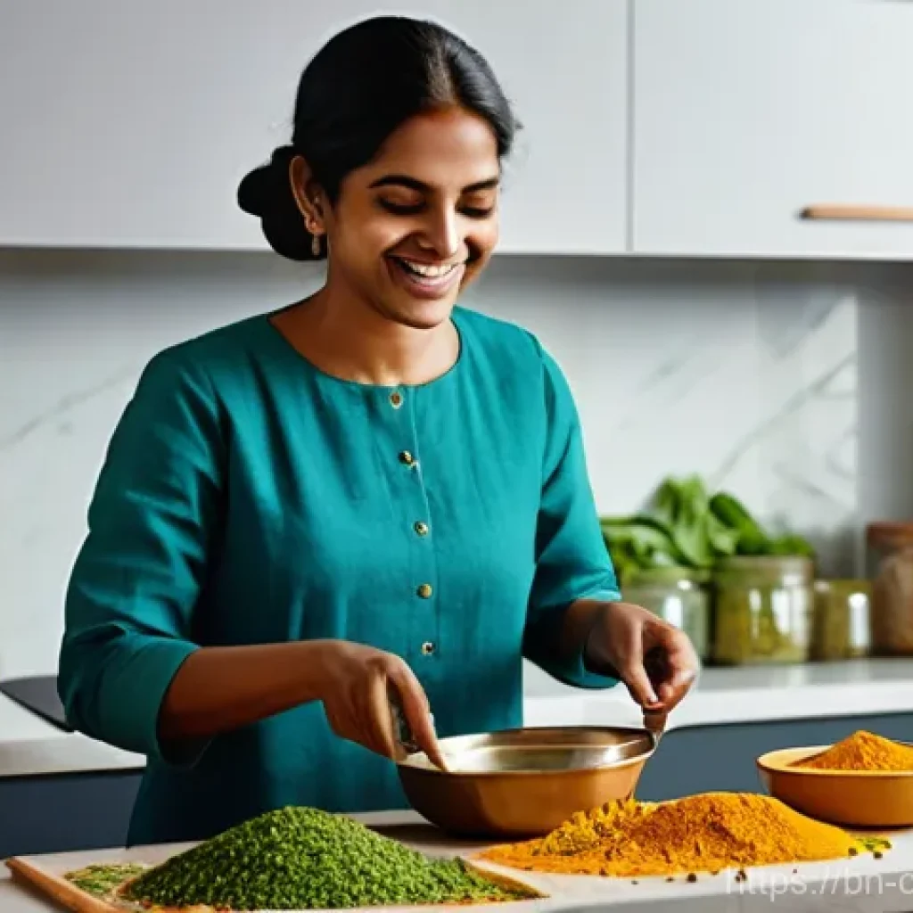 식재료를 활용한 채식 요리 추천 - **Prompt:** A vibrant, natural light-filled kitchen scene featuring a cheerful young adult, gender-n...