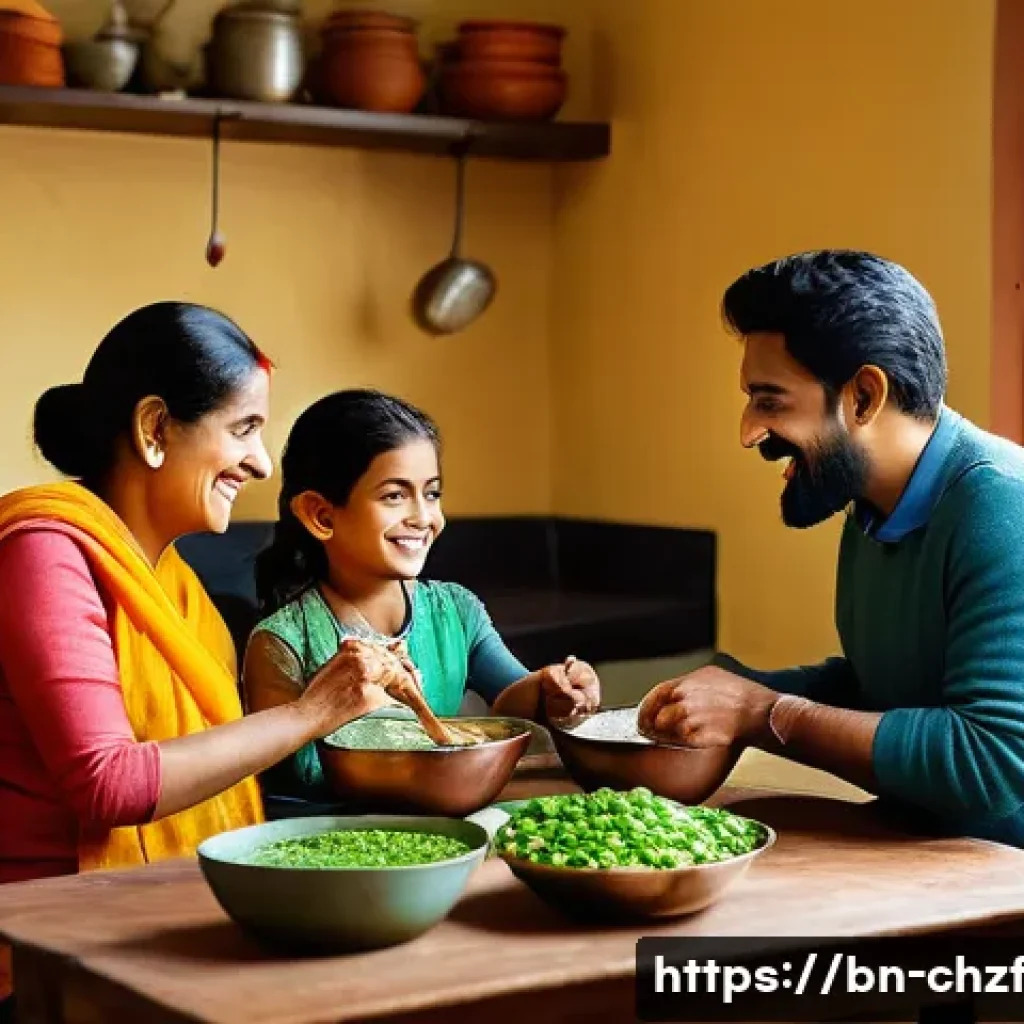 식재료 활용으로 만드는 수프 레시피 - A heartwarming scene of a Bengali family, including a mother, father, and a cheerful child (around 6...