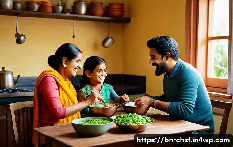 식재료 활용으로 만드는 수프 레시피 - A heartwarming scene of a Bengali family, including a mother, father, and a cheerful child (around 6...