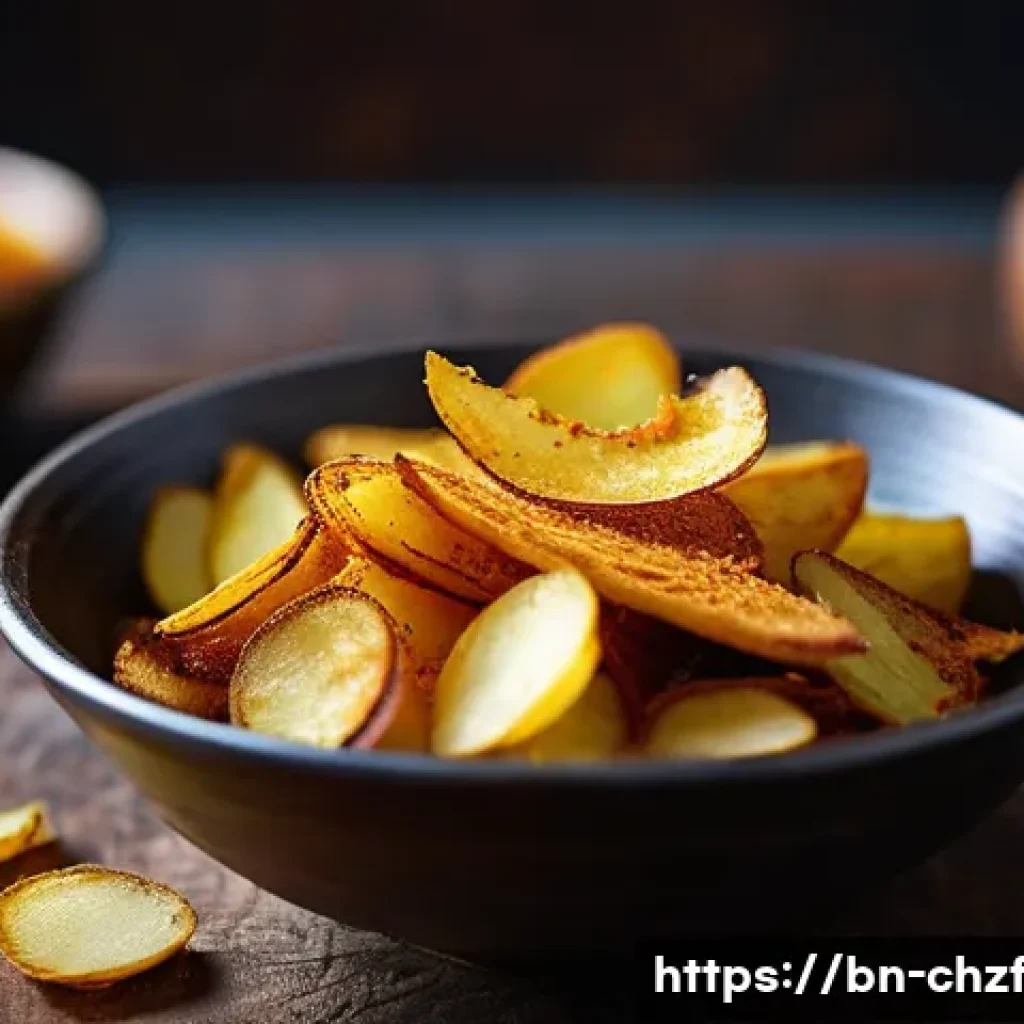 식재료 인생 활용하기  주방에서의 재발견 - **Prompt:** A close-up, mouth-watering shot of crispy, golden-brown potato peel snacks served in a r...
