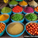 Home 23 식재료 활용의 미학 요리사의 비밀 공개 - A vibrant and colorful Bengali marketplace scene featuring a variety of fresh vegetables and spices ...