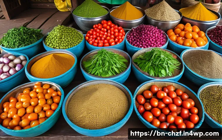 식재료 활용의 미학 요리사의 비밀 공개 - A vibrant and colorful Bengali marketplace scene featuring a variety of fresh vegetables and spices ...