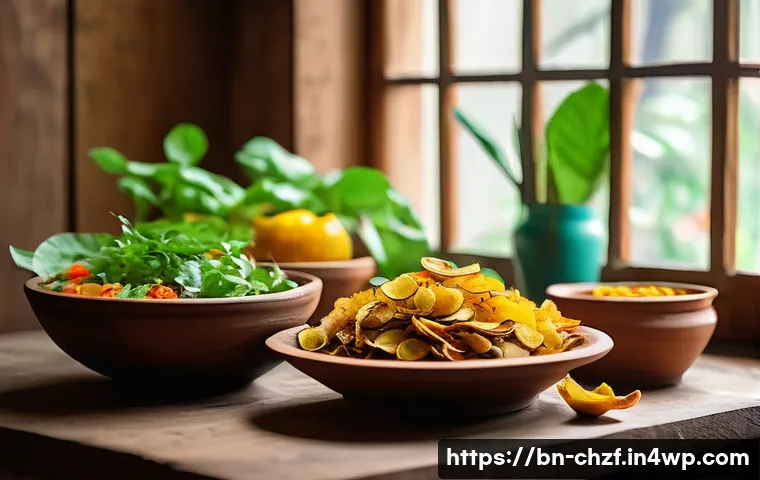 식재료의 껍질과 줄기를 활용한 요리 - A vibrant Bengali kitchen scene showcasing a rustic wooden table filled with colorful dishes made fr...