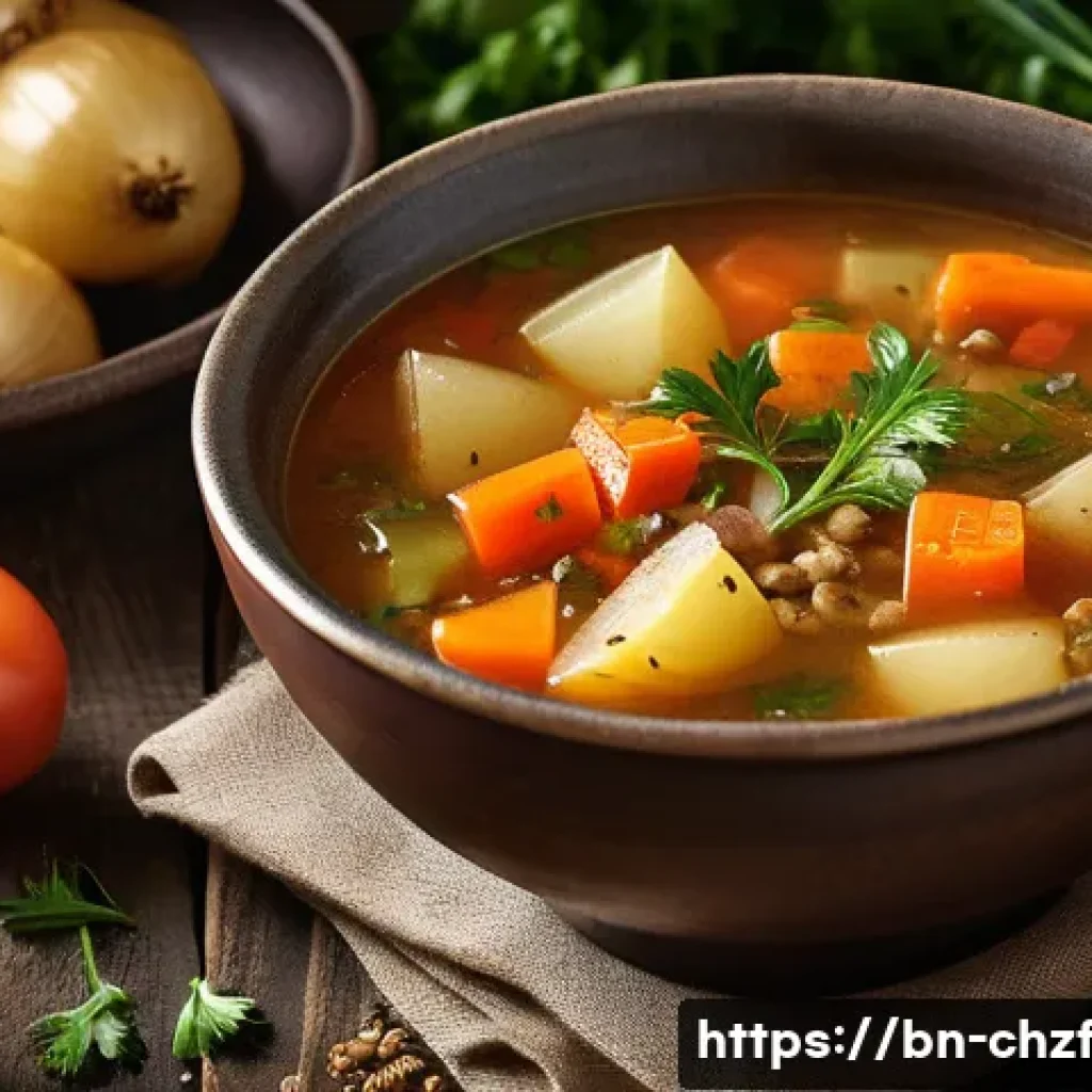 남은 식재료로 만드는 다양한 스프 레시피 - A vibrant and rustic vegetable soup scene featuring a steaming bowl filled with chunks of sautéed on...