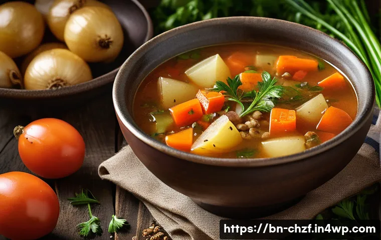남은 식재료로 만드는 다양한 스프 레시피 - A vibrant and rustic vegetable soup scene featuring a steaming bowl filled with chunks of sautéed on...