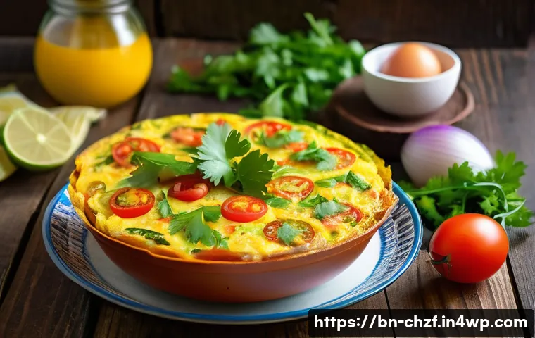 식재료 활용으로 만드는 특별한 야식 아이디어 - A colorful bowl of traditional Bengali egg frittata snack, featuring fluffy golden egg slices mixed ...