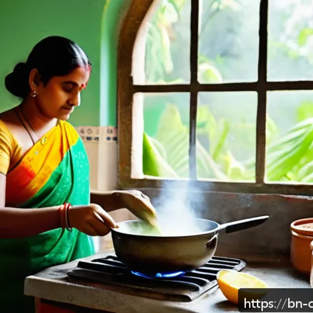 식재료의 영양소를 최대한 살리는 조리법 - A vibrant kitchen scene showing a Bengali woman cooking fresh green vegetables on a stove with mediu...