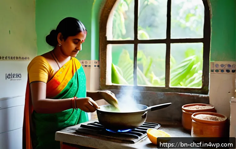 식재료의 영양소를 최대한 살리는 조리법 - A vibrant kitchen scene showing a Bengali woman cooking fresh green vegetables on a stove with mediu...
