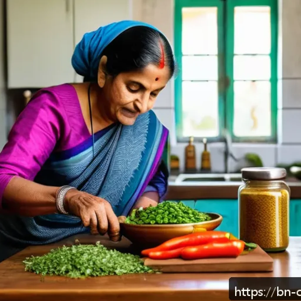 식재료 활용을 위한 시간 관리 방법 - A bright and organized Bengali kitchen interior featuring a middle-aged woman in casual modest cloth...