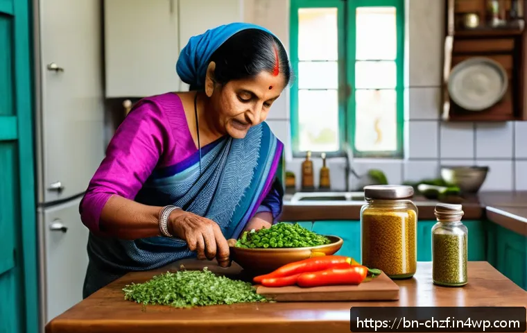 식재료 활용을 위한 시간 관리 방법 - A bright and organized Bengali kitchen interior featuring a middle-aged woman in casual modest cloth...