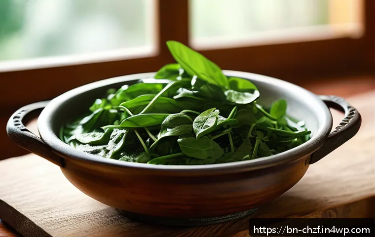 식재료 전부를 활용하는 고급 요리법 - A vibrant kitchen scene showcasing a rustic wooden table filled with fresh leafy greens like spinach...