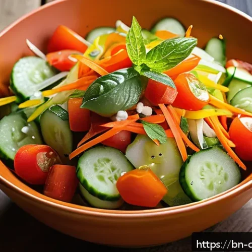 여름철 식재료 활용 요리 레시피 - A vibrant summer mixed vegetable salad bowl featuring fresh cucumber, ripe tomatoes, colorful capsic...