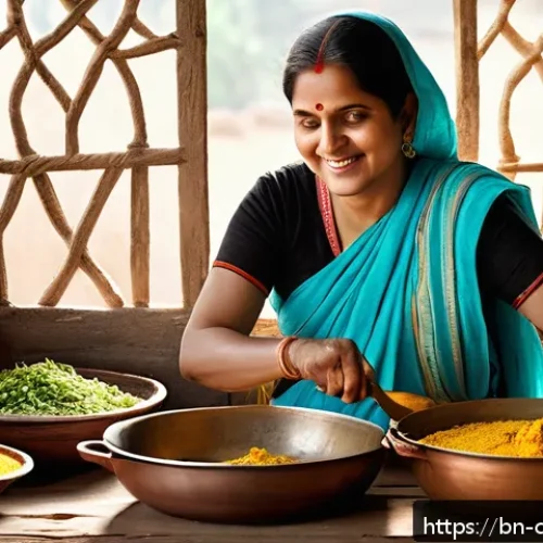 식재료 활용  효율적인 레시피 개발하기 - A vibrant Bengali kitchen scene featuring a middle-aged woman preparing khichuri with minimal ingred...