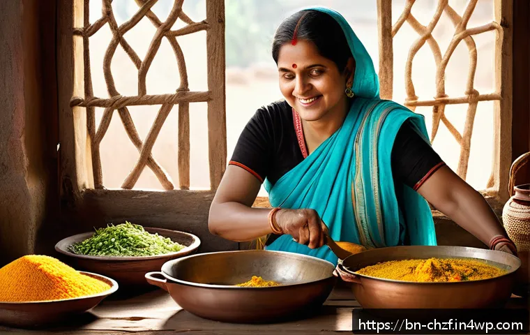 식재료 활용  효율적인 레시피 개발하기 - A vibrant Bengali kitchen scene featuring a middle-aged woman preparing khichuri with minimal ingred...