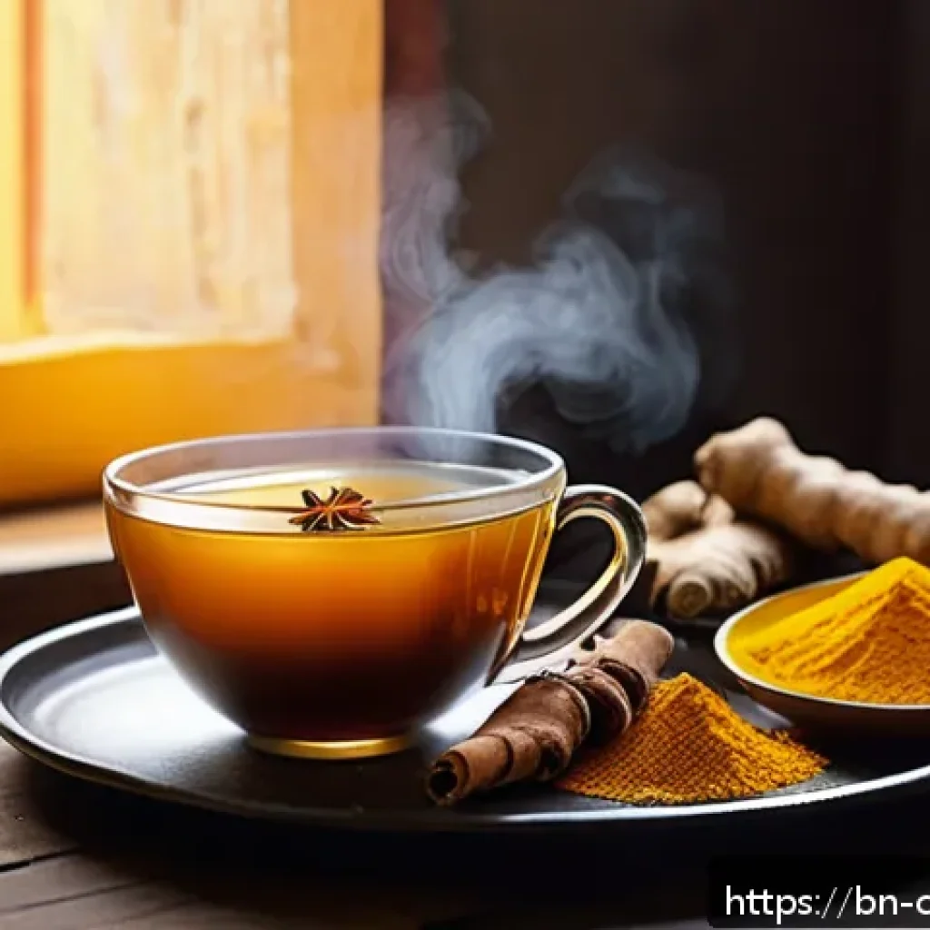 식재료 활용으로 만드는 특별한 겨울 요리 - A cozy kitchen scene featuring a steaming cup of spiced winter tea made with fresh ginger slices, gr...