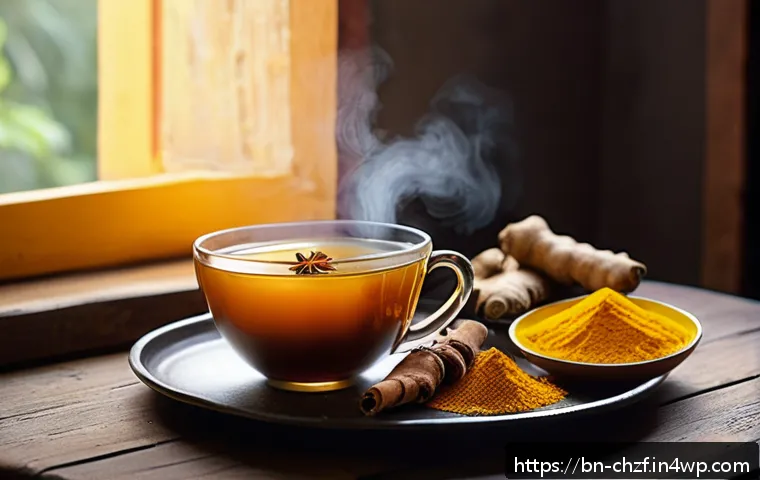 식재료 활용으로 만드는 특별한 겨울 요리 - A cozy kitchen scene featuring a steaming cup of spiced winter tea made with fresh ginger slices, gr...
