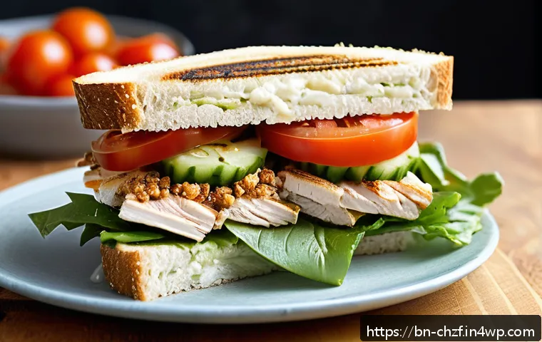 식재료 활용으로 만드는 다양한 샌드위치 - A vibrant, close-up image of a homemade sandwich featuring whole grain bread toasted to golden perfe...