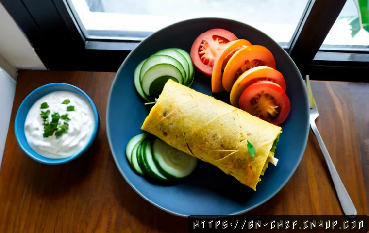 식재료 활용  창의적인 아침식사 아이디어 - Photorealistic overhead view of a creative Bengali-inspired breakfast: colorful vegetable omelet rol...