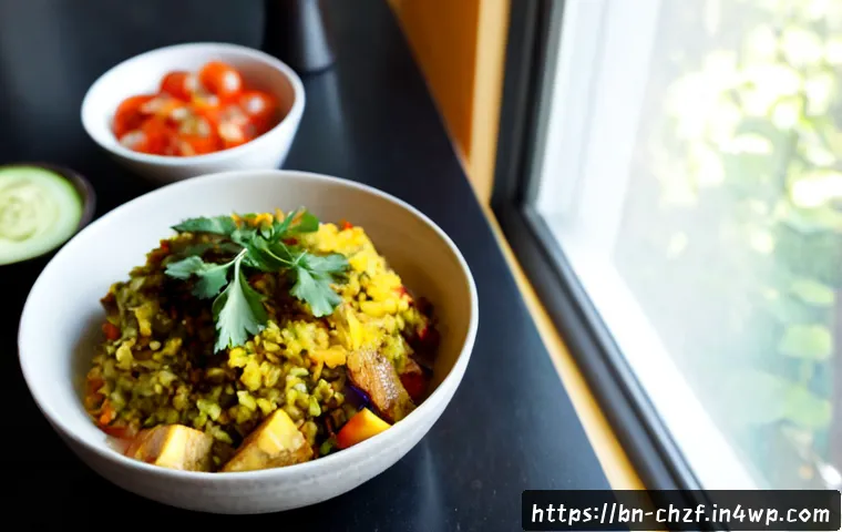 Home 17 식재료를 활용한 특별한 아침식사 아이디어 - Photorealistic Bengali-inspired special breakfast on a sunlit kitchen table: warm vegetable khichuri...