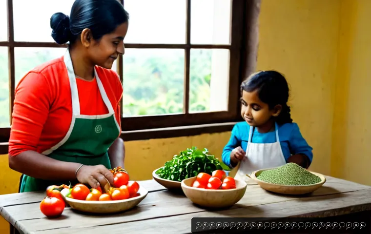 식재료 활용 요리  어린이에게 가르치는 법 - Photorealistic warm family kitchen in Bangladesh, a mother gently teaching a school-age child to sor...